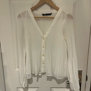 Zara Cream Button-Down Blouse with Pleating detail